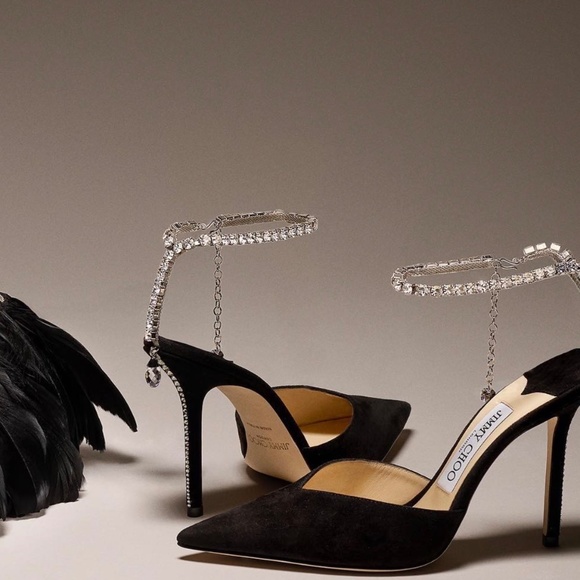 靴 JIMMY CHOO Saeda100 BLACK SAEDA SANDAL 100 | Black Suede Sandals with Crystal